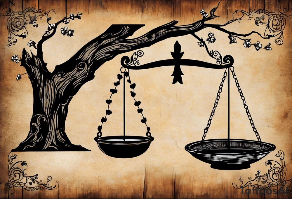 I need you to draw me a old libra scale out of tattered wood. The ends of the cross of wood need to be  broken. I need the bottom to look tattered possible cracks and holes  in wood of scale. I need vines with little white flowers wrapped all the way up the scale across the wood beam. And I want the scale bowls need to be attached by the vines. And I want the two weights of the scale to be wooden as well. They also need to look tattered. The weights need to be fastened on by the vines. I need to make it look like the ends of the vines on both scales is just loosely. I need to incorporate pieces koi fish in beautiful blues greens, and pinks.The fish need to be one on each scale balancing the scale and the tail of the left on, pointing down. the beautiful fish tail fins needs to be covering part of the tattered piece and the fish on the rights tail will be facing unpard with the fin of beauty starting to court the same pic the pieces fish need to be placed in the scale bowls the need to of large size to so theyv  Fill each scale and are currently out of it tattoo idea
