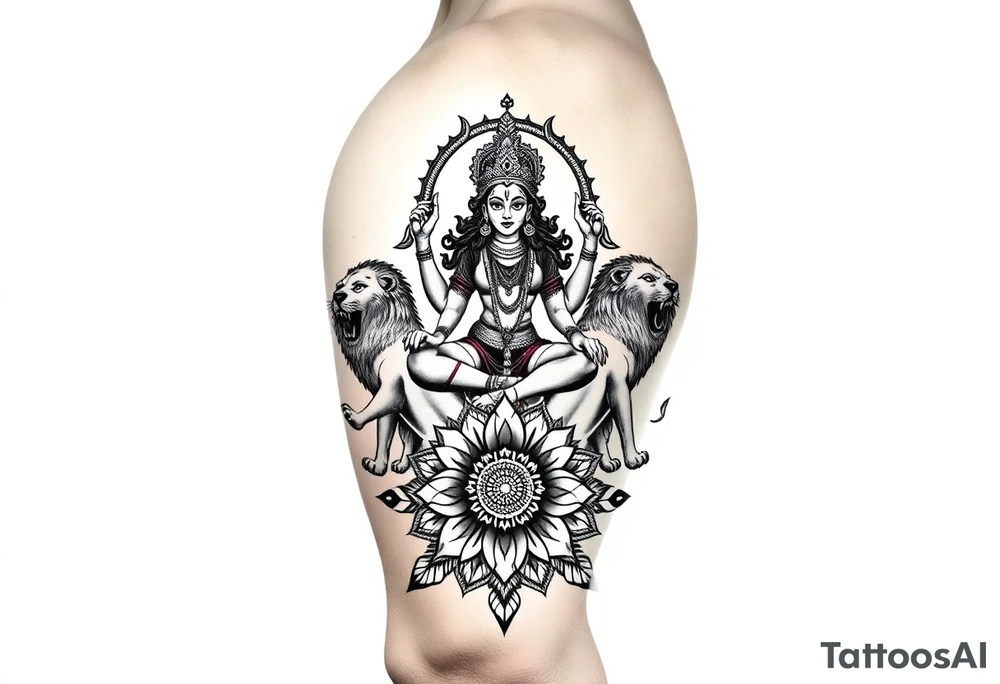 Realistic Durga sat on three lions
Surrounded by lotus chakra and mandala tattoo idea