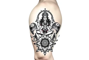 Realistic Durga sat on three lions
Surrounded by lotus chakra and mandala tattoo idea