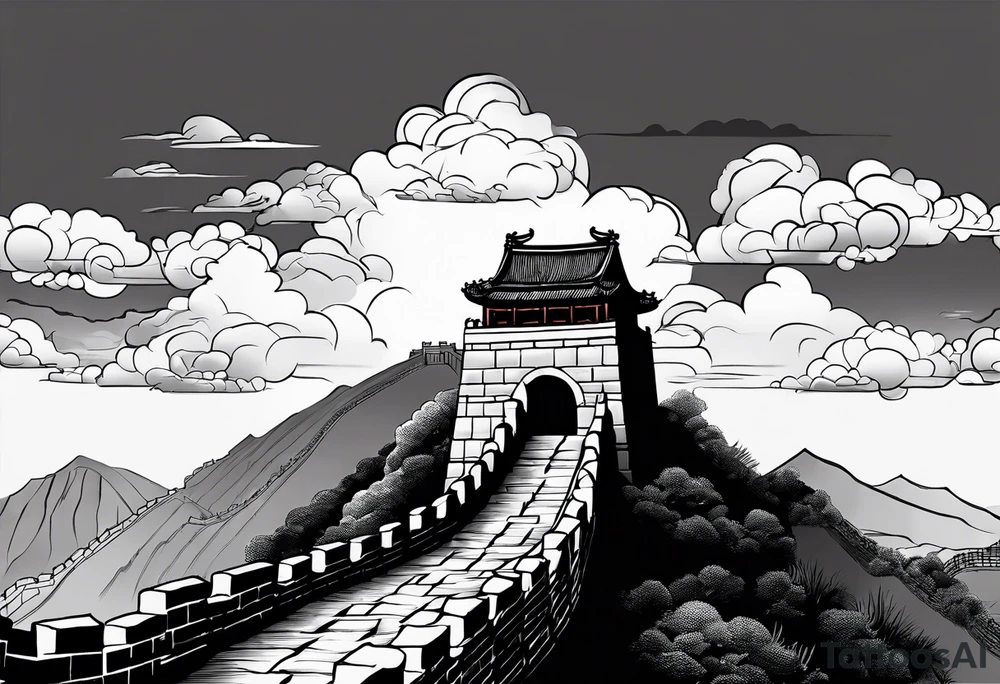 Great Chinese wall, realistic, art, gezeichnet, fine line, black and grey, clouds tattoo idea