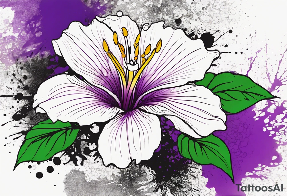 A mystical outline of a rio dipladenia flower and a green/purple watercolor splash in the background tattoo idea
