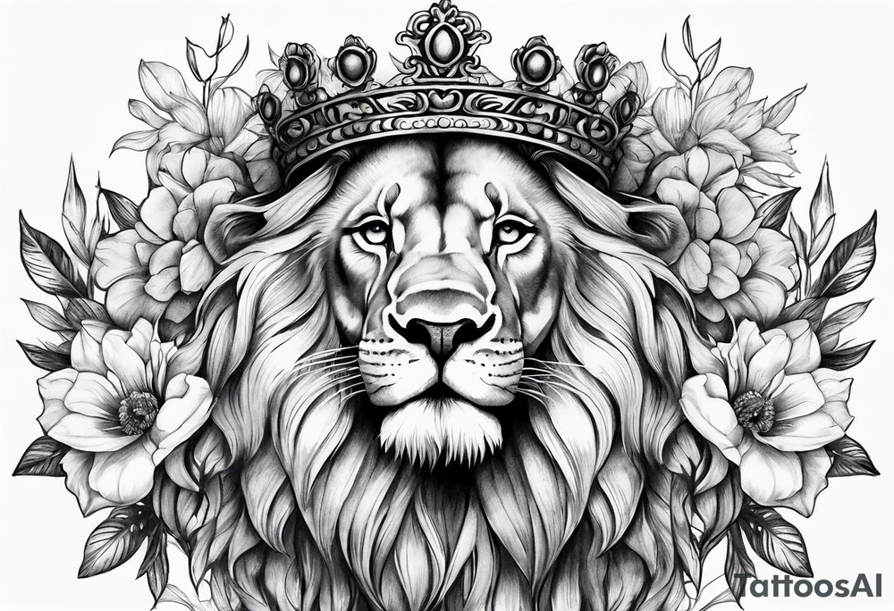Lion flowers crown cross tattoo idea