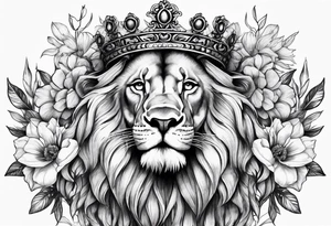 Lion flowers crown cross tattoo idea