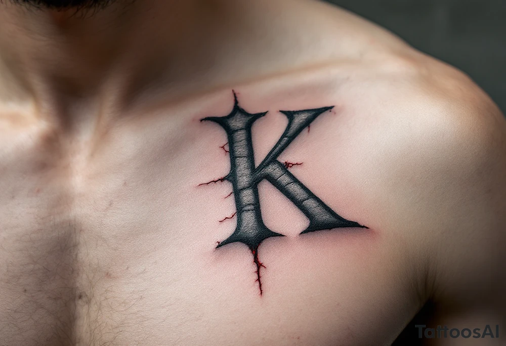 Gothic-style K in dark charcoal grey, engraved with stone texture and accented with faint red cracks like ancient ruins. tattoo idea