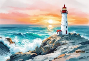 A tall, weathered white lighthouse with a bright red roof and railing, standing boldly on a rocky cliff surrounded by crashing teal-blue waves and glowing under a golden-orange sunset sky. tattoo idea