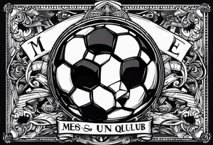 a cross with soccer ball and text MÉS QUE UN CLUB tattoo idea