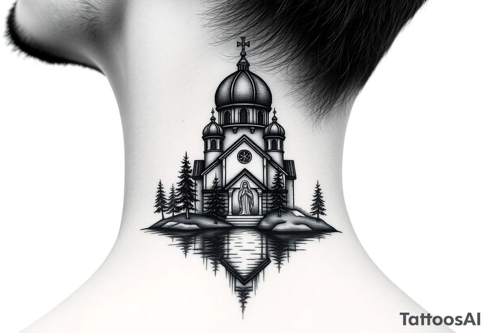 medium sized russian orthodox dome church with a separated virgin mary praying beside a lake and pine trees on the sized of my neck tattoo idea