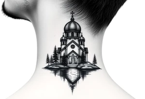 medium sized russian orthodox dome church with a separated virgin mary praying beside a lake and pine trees on the sized of my neck tattoo idea