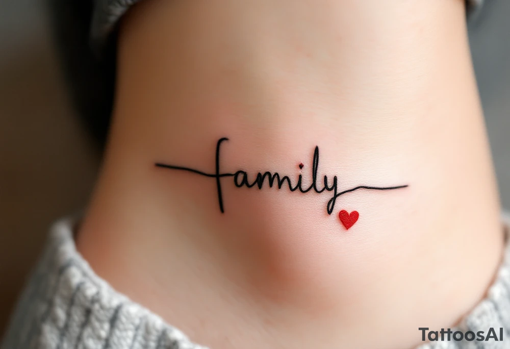 A heartbeat line forming the word family in black, with a small red heart at the center. tattoo idea
