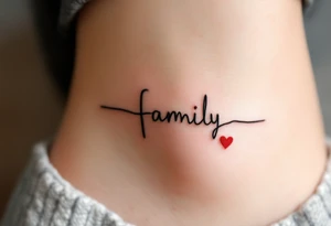 A heartbeat line forming the word family in black, with a small red heart at the center. tattoo idea