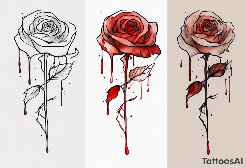 rose flower, one line, red blood dripping from the flower, tall, watercolor on brown skin tattoo idea