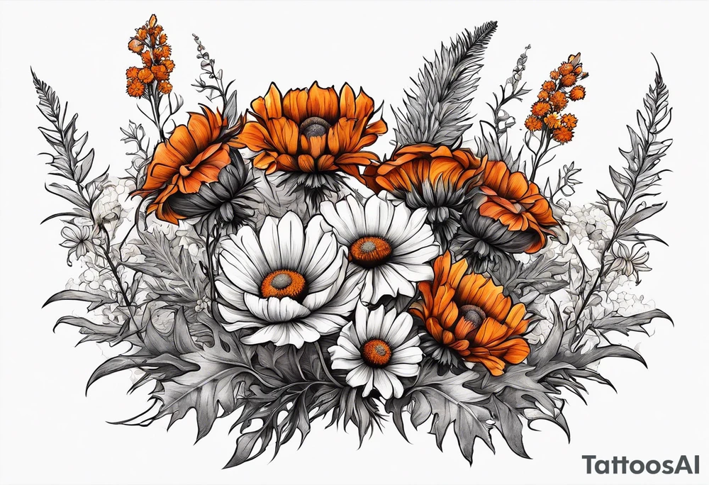 wildflower horizontal with thistles, ferns, burnt orange flowers in color tattoo idea