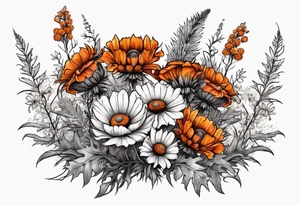 wildflower horizontal with thistles, ferns, burnt orange flowers in color tattoo idea
