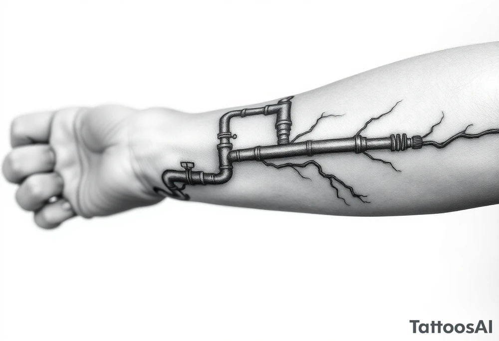 long System of pipes that transitions and transforms into veins of forearm. Top pipe starts closer to the elbow tattoo idea