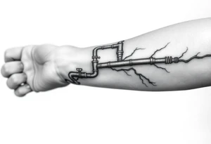 long System of pipes that transitions and transforms into veins of forearm. Top pipe starts closer to the elbow tattoo idea