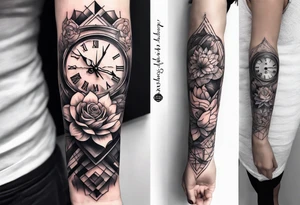 half sleeve forearm tattoo with rose, small clock, lotus flower and dove. white lines wrapped around design tattoo idea