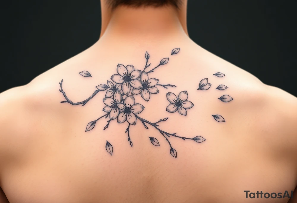 delicate cherry blossoms swirling in spring breeze with petals tattoo idea
