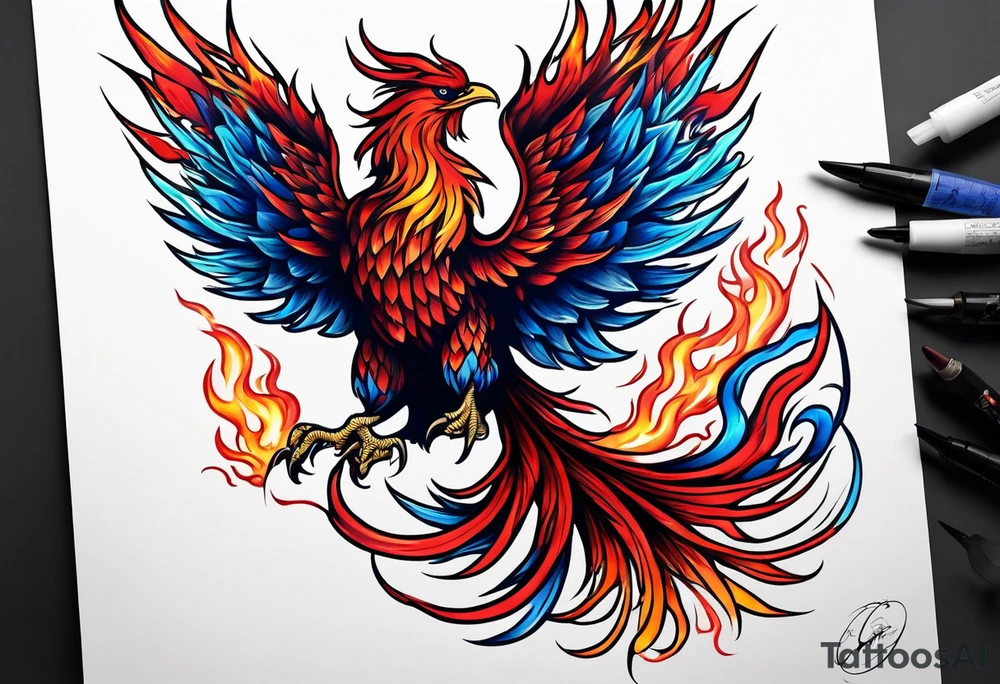 Blue and red Phoenix on fire on a mountain tattoo idea