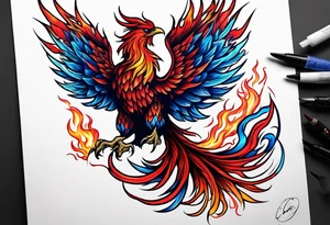 Blue and red Phoenix on fire on a mountain tattoo idea