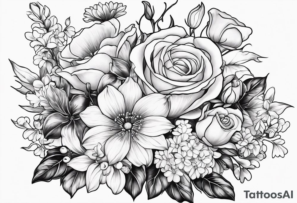 Bouquet of roses, violets, chrysanthemums, morning glories, and lily of the valley tattoo idea
