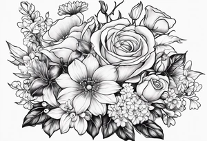 Bouquet of roses, violets, chrysanthemums, morning glories, and lily of the valley tattoo idea