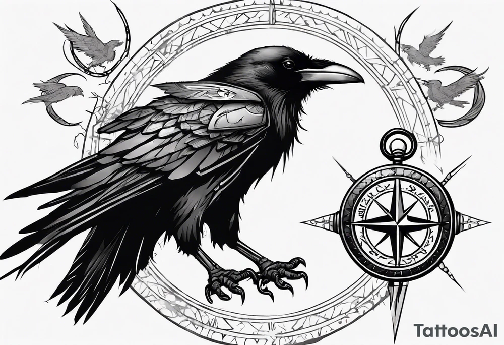 black raven with flying toward the foreground with a viking compass in the background tattoo idea