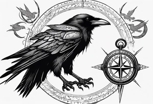black raven with flying toward the foreground with a viking compass in the background tattoo idea