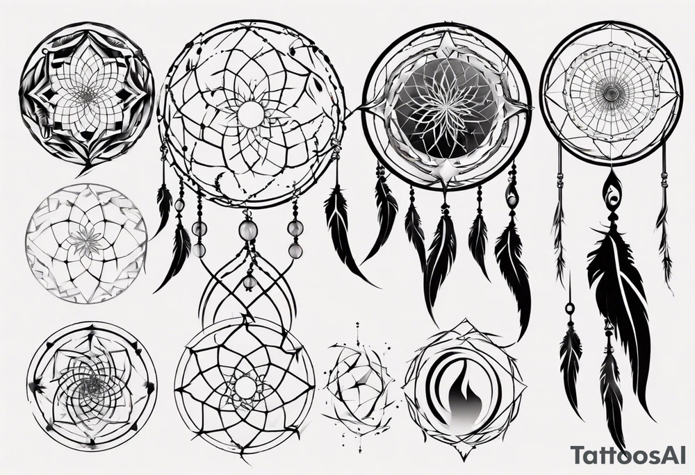 Phoenix rising blending in circles dream catcher tattoo idea