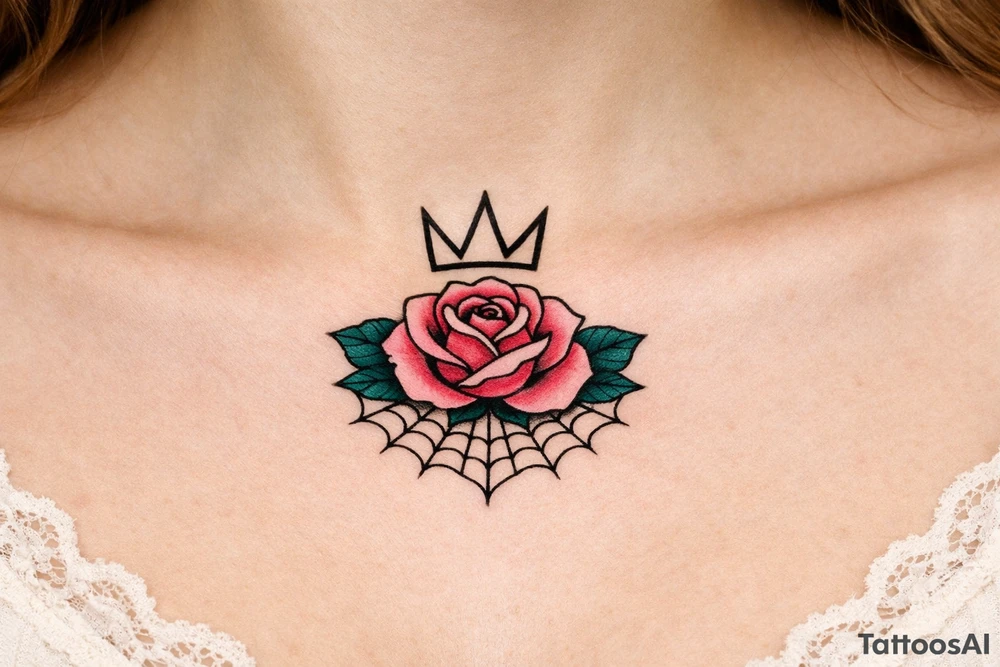 Pink and petrol rose , petrol leaves no stem, minimalist crown above it, crown is black and white and has no gems, crown has three spikes , resembles the basquiat crown , spider web beneath tattoo idea