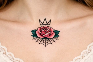 Pink and petrol rose , petrol leaves no stem, minimalist crown above it, crown is black and white and has no gems, crown has three spikes , resembles the basquiat crown , spider web beneath tattoo idea