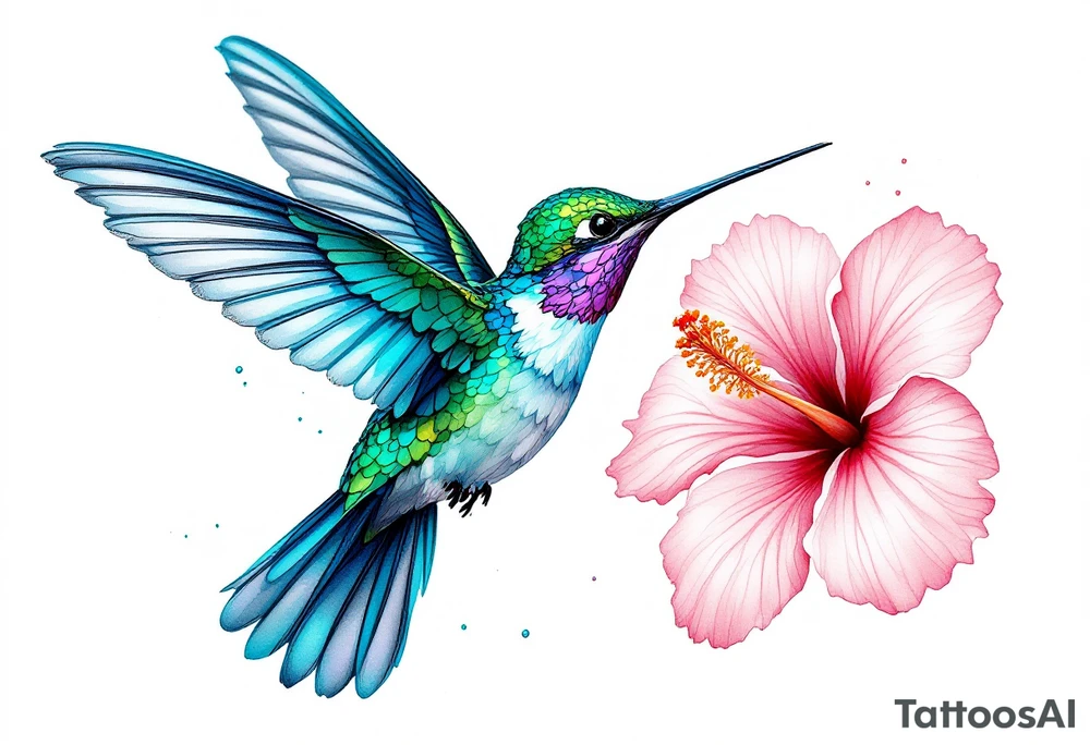 A emerald and sapphire hummingbird in mid-flight, its iridescent feathers shimmering in shades of green, blue, and hints of violet. Its delicate wings are spread wide, capturing intricate details of each feather with a slight motion blur. The hummingbird’s long, slender beak reaches toward a soft pink hibiscus flower, with tiny droplets of nectar visible. tattoo idea