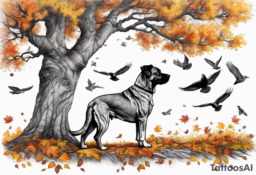 Autumn tree with medium grey brindle dog sitting to the right facing it and looking up at it and birds flying out the top of it tattoo idea