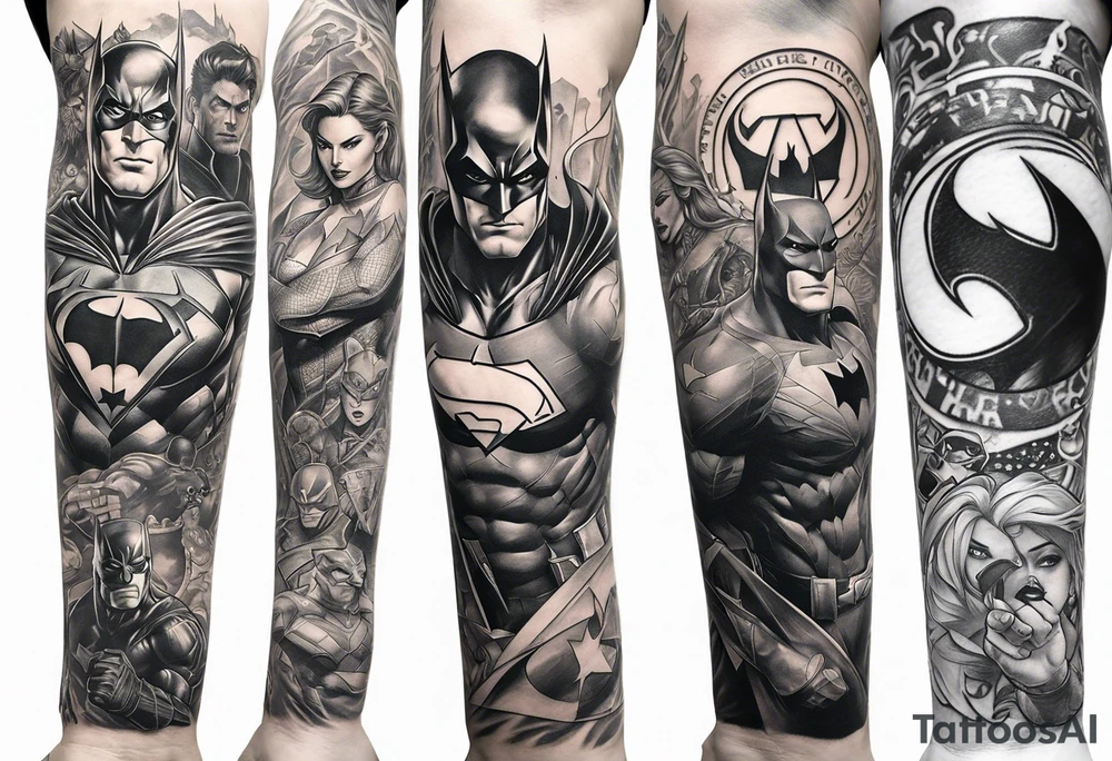 Full arm sleeve tattoo extending from shoulder to wrist featuring an assemble of only the emblems of DC comic heroes and villians tattoo idea