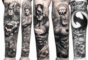 Full arm sleeve tattoo extending from shoulder to wrist featuring an assemble of only the emblems of DC comic heroes and villians tattoo idea