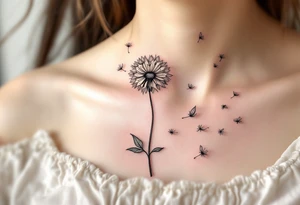 Windblown dandelion with translucent petals in pearl gray, blowing across the ribs into soft abstract shapes tattoo idea