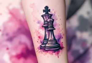A soft watercolor blend of purples and reds behind a black ink king and queen chess piece. tattoo idea