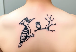 Woody the woodpecker cartoon character gazing in love at a owl in a willow tree tattoo idea