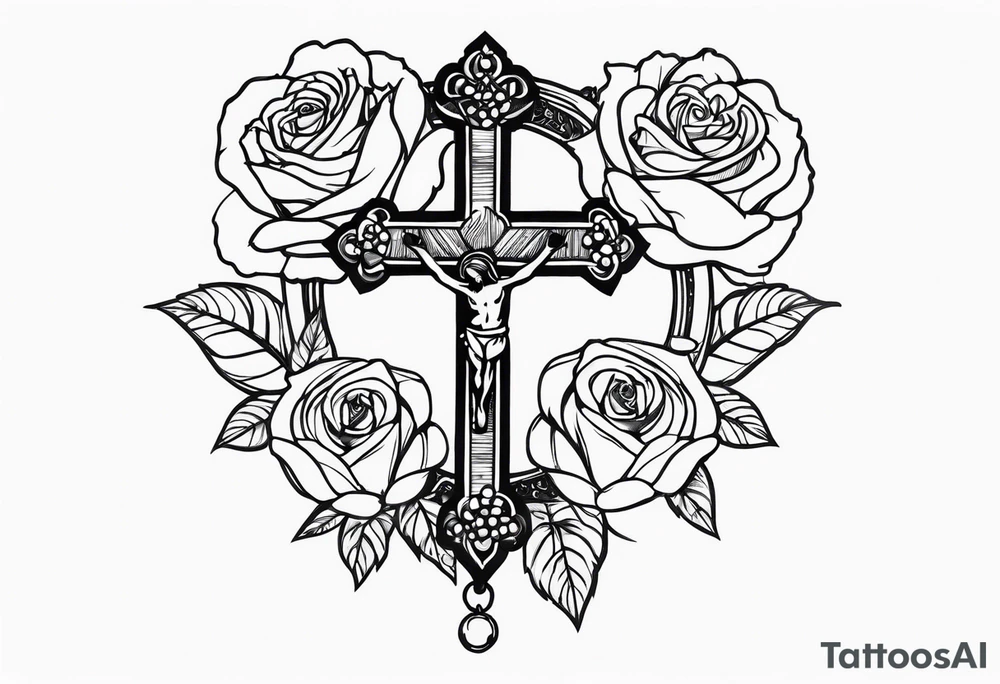 Hand holding rosary with roses tattoo idea