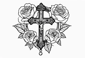 Hand holding rosary with roses tattoo idea