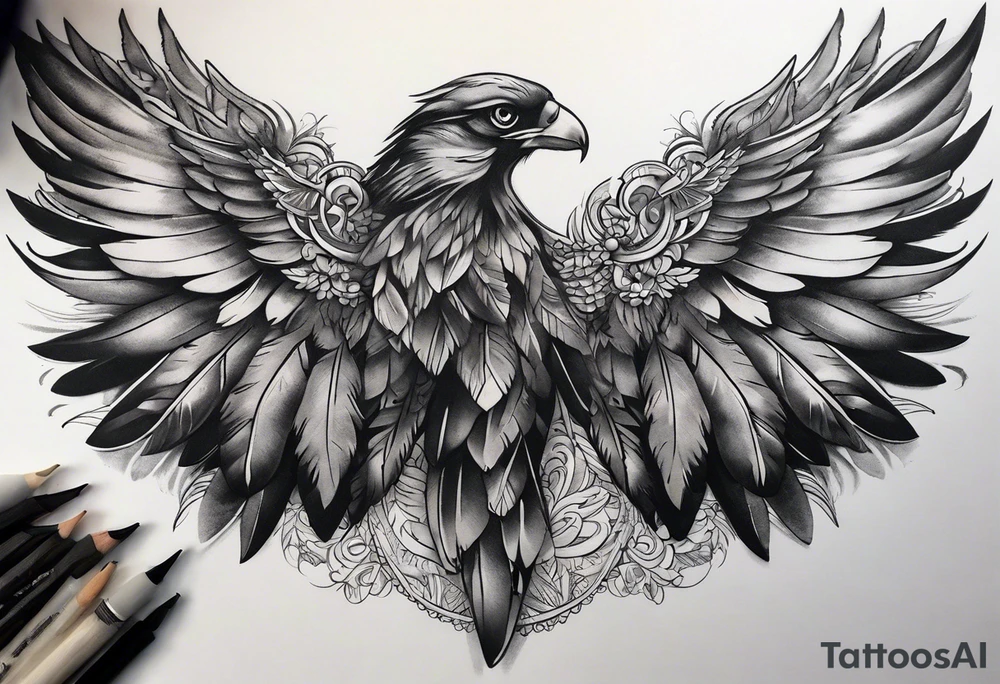 wings tattoo extending from a mens shoulders, covering the upper arms and upper back. The feathers are intricately detailed, with soft shading in black and gray to create depth and texture. tattoo idea