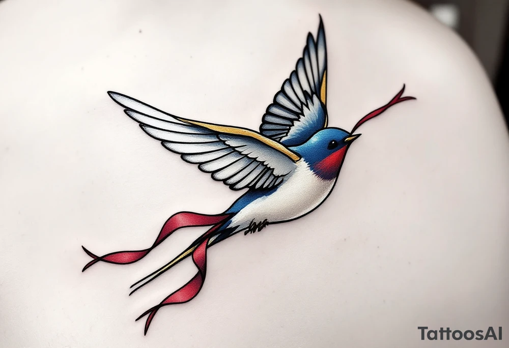A graceful swallow in mid-flight, wings outstretched, with deep navy and soft white feathers, accented by a golden sheen on its wingtips. A red ribbon flows from its beak, carrying the initials of loved ones, symbolizing loyalty and safe travels. tattoo idea