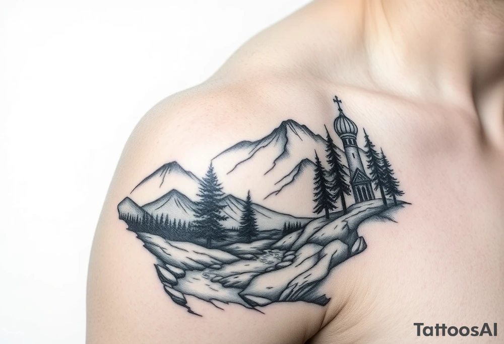 Mountainous valley with creek and a few trees with a Russian orthodox kazan scene covering my shoulder entering my upper arm tattoo idea
