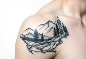 Mountainous valley with creek and a few trees with a Russian orthodox kazan scene covering my shoulder entering my upper arm tattoo idea