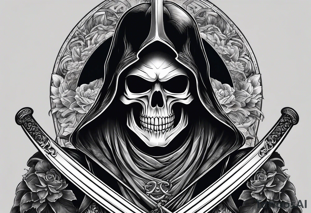 katana with grim reaper and skull tattoo idea
