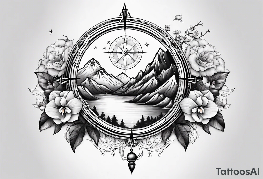 Compass with mountains and moons and flowers like roses or orchids tattoo idea