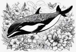 flowers, collage, whale and hummingbird tattoo idea