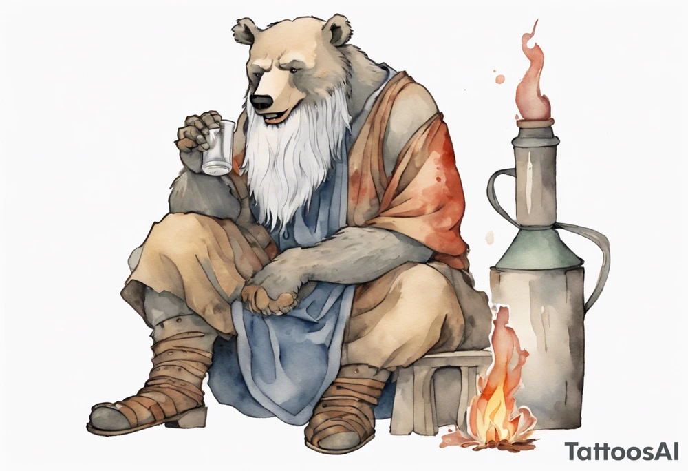 a medieval bear-human hybrid with a long grey beard wearing a tunic and boots, sitting on a stool by a fireplace drinking from a clay bottle, laughing tattoo idea