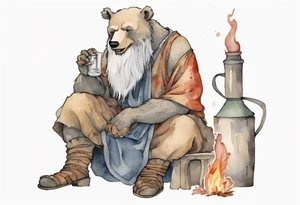 a medieval bear-human hybrid with a long grey beard wearing a tunic and boots, sitting on a stool by a fireplace drinking from a clay bottle, laughing tattoo idea