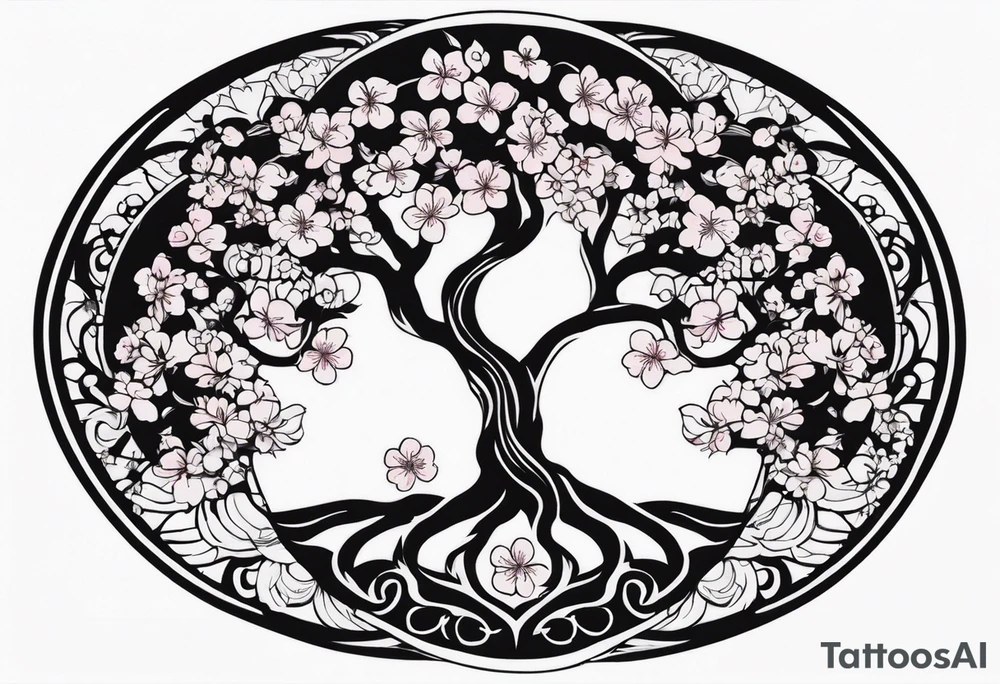 Tree of life in a circle cherry blossoms tattoo idea