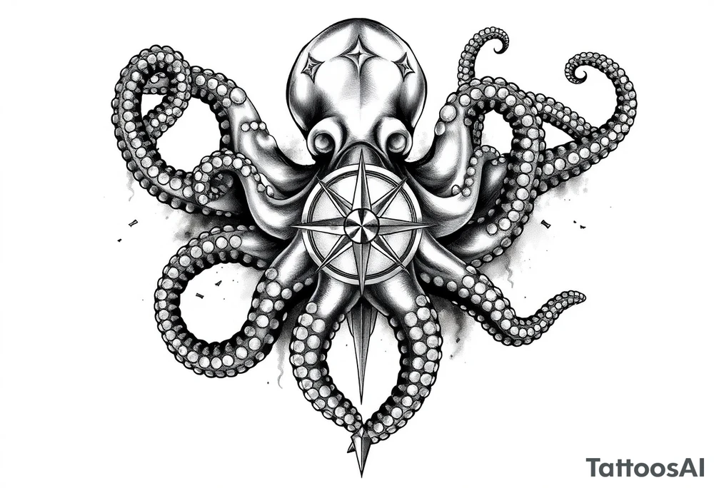 hammerhai,darunter ein kompass,oktopus. tattoo idea